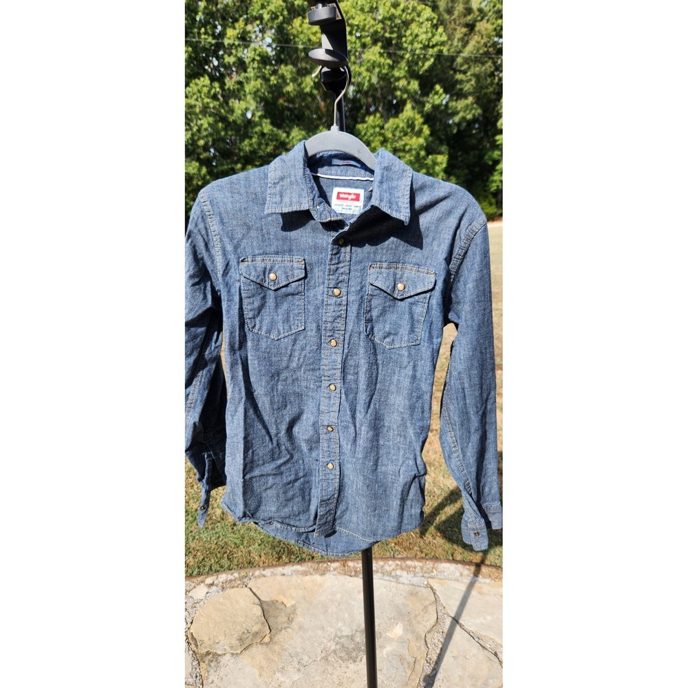 Wrangler Mens Indigo Denim Western Pearl Snap Long Sleeve Shirt Small